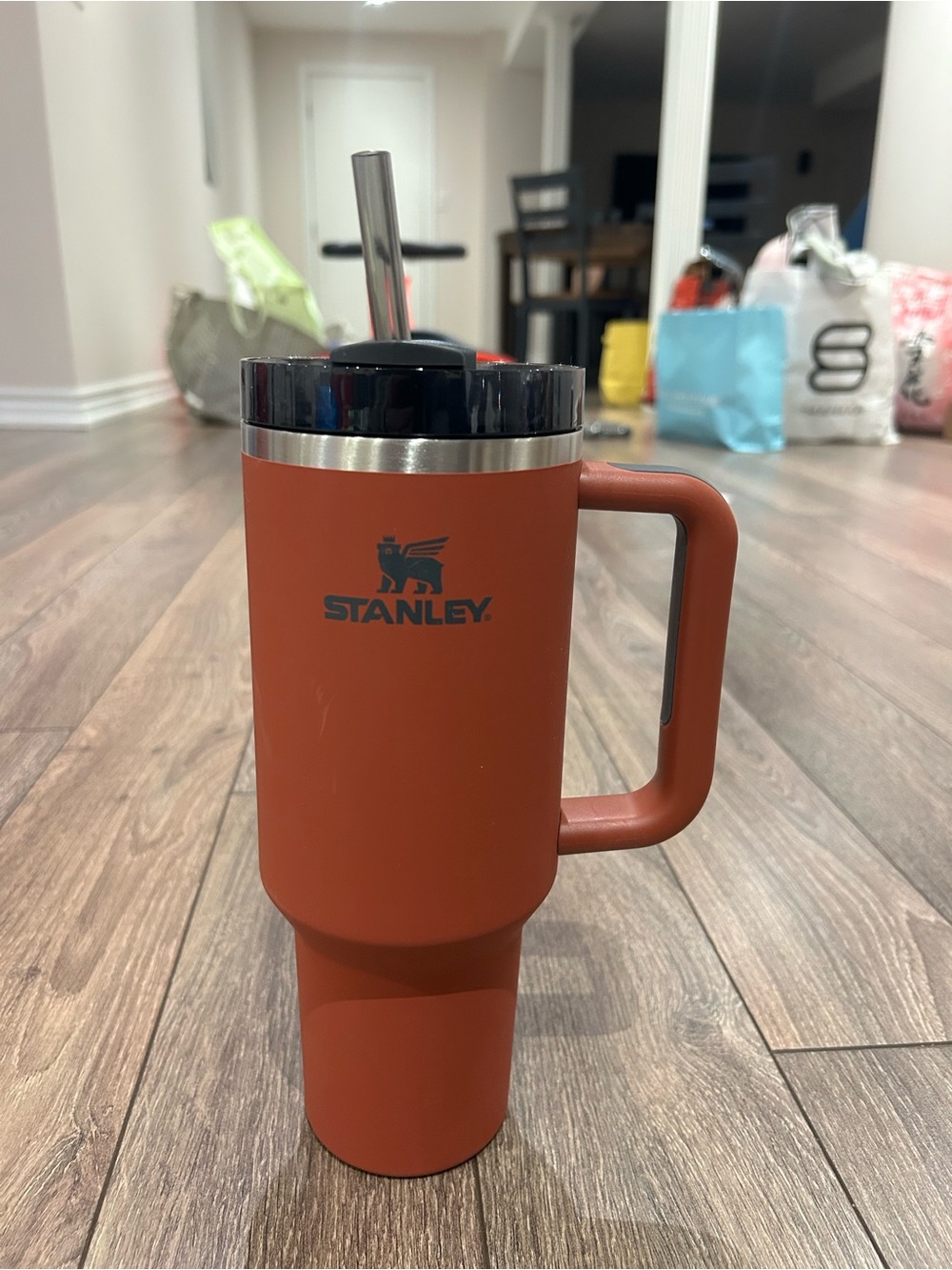 Stanley Rust Orange Travel Tumbler with Handle and Straw